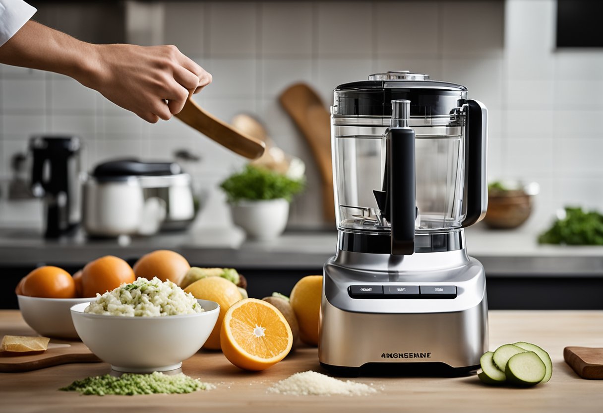 Um processador de alimentos manual de 3 lâminas em uma bancada de cozinha, com ingredientes sendo picados.