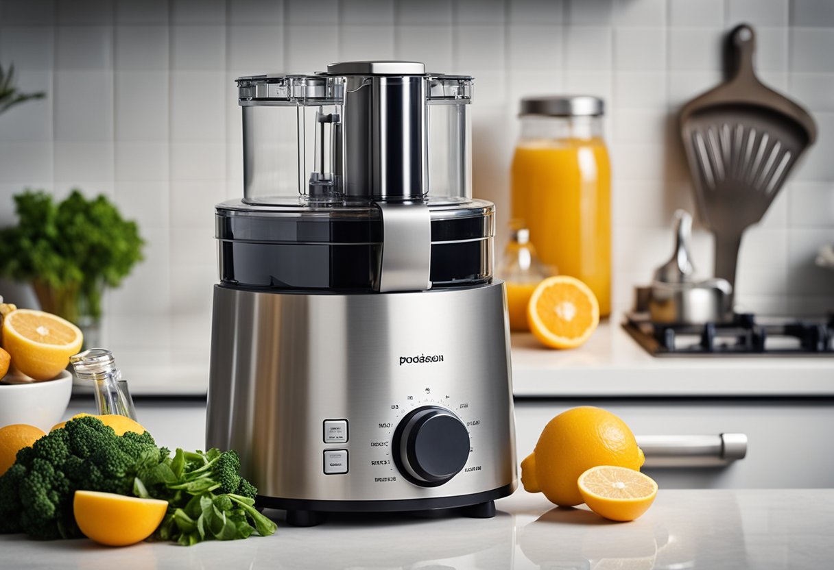Um processador de alimentos manual com três lâminas sendo limpo e mantido em uma bancada de cozinha