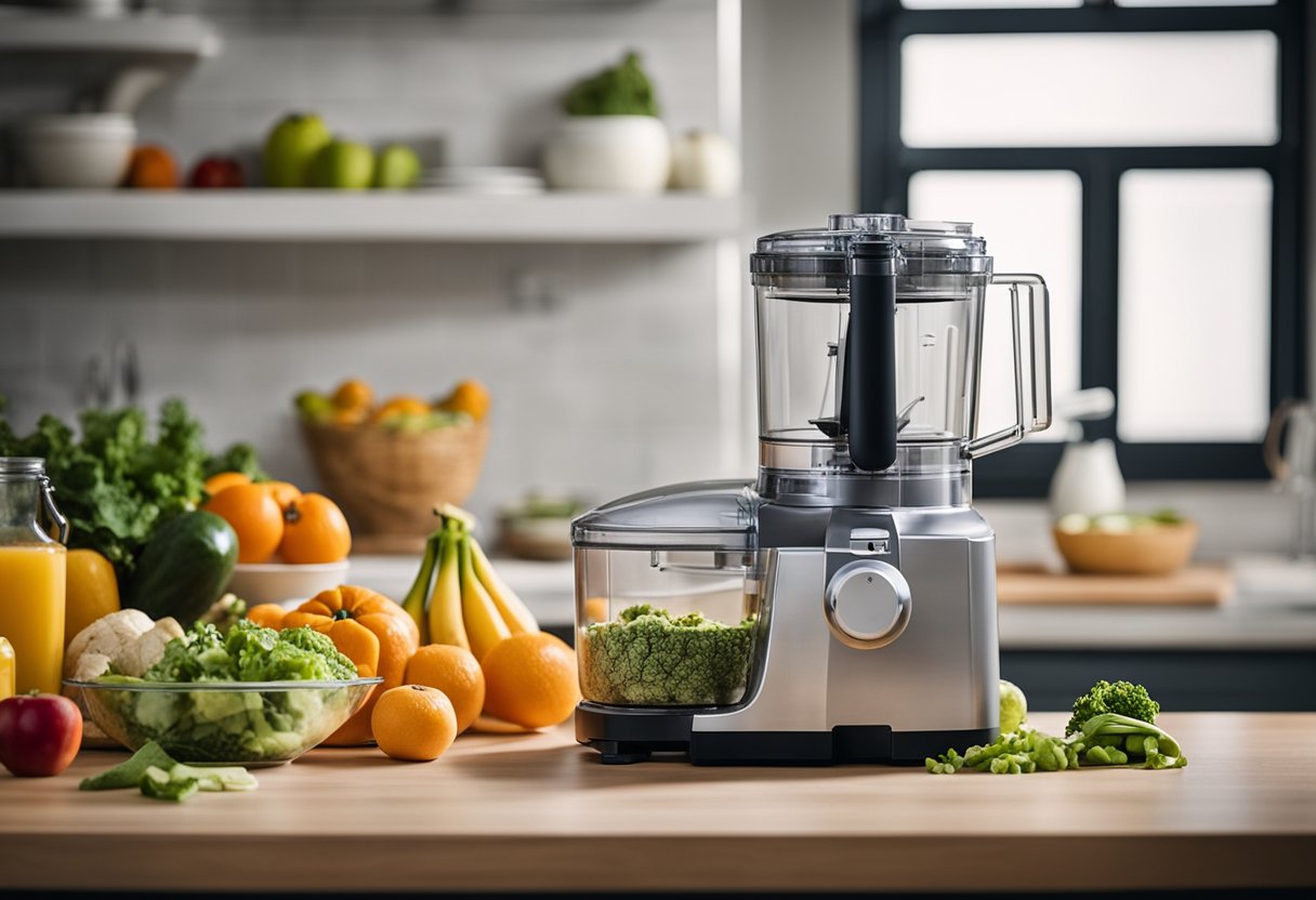 Um processador de alimentos manual com três lâminas em uma bancada de cozinha, cercado por várias frutas e vegetais prontos para serem picados.